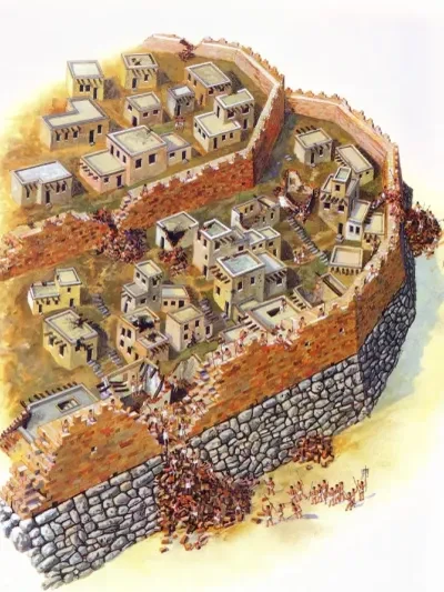 Isometric illustration of ancient Jericho showing the walled city with its stone fortifications and buildings, depicting the city at the time of the biblical conquest