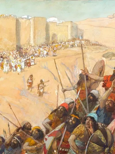 Historical illustration depicting the siege of an ancient walled city, showing warriors with spears and shields advancing toward massive stone fortifications