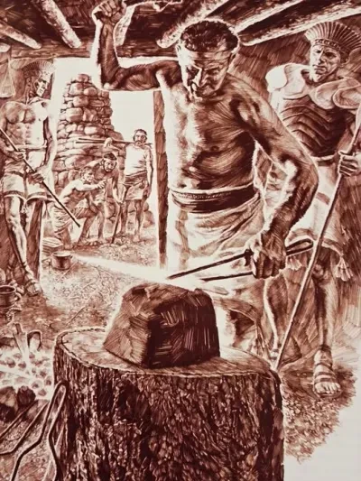 Historical engraving depicting ancient warriors and craftsmen, illustrating the world of the Philistines and early Canaan