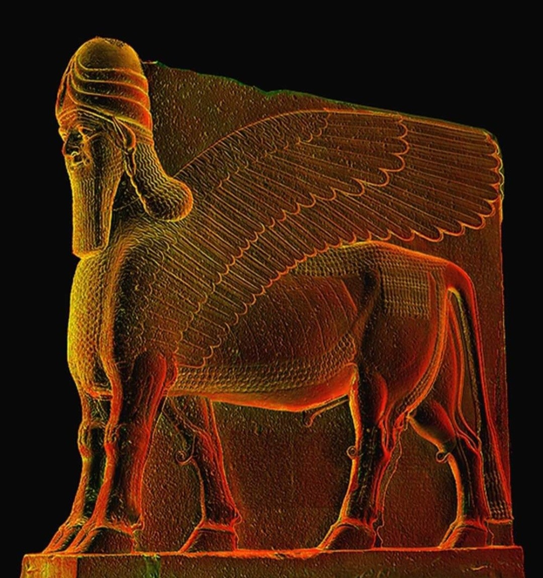 Assyrian lamassu — winged bull with human head — a guardian figure from ancient Nineveh
