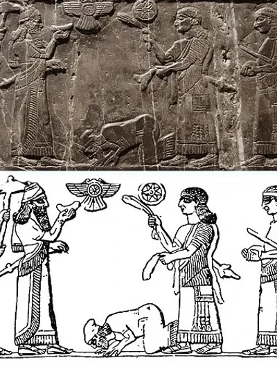 The Black Obelisk of Shalmaneser III showing King Jehu of Israel bowing before the Assyrian king, with a line-art interpretation below