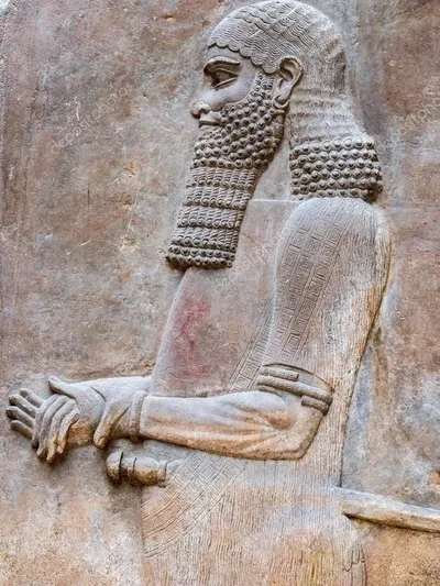 Ancient Assyrian stone relief depicting a bearded Assyrian figure, likely a courtier or official, from the palace of Sargon II or Tiglath-pileser III