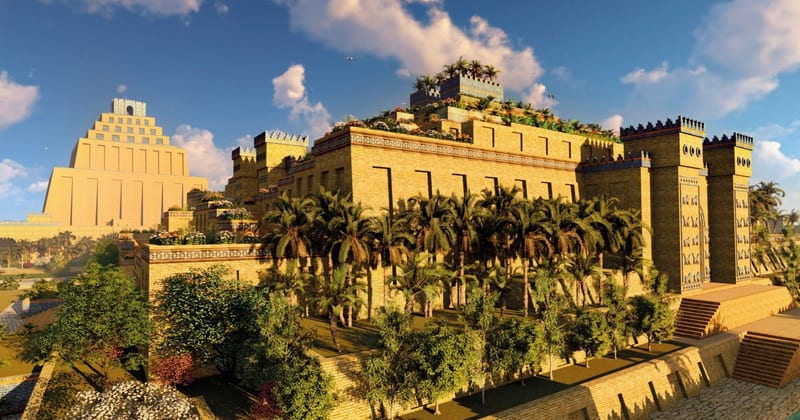 Artistic reconstruction of the Hanging Gardens of Babylon, showing terraced gardens atop a grand stone palace surrounded by palm trees