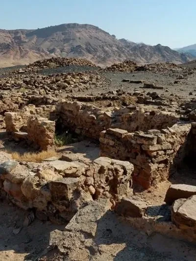 The ancient copper mines at Timna in the southern desert of Israel, showing rocky desert terrain and excavation site dating to the era of King Solomon