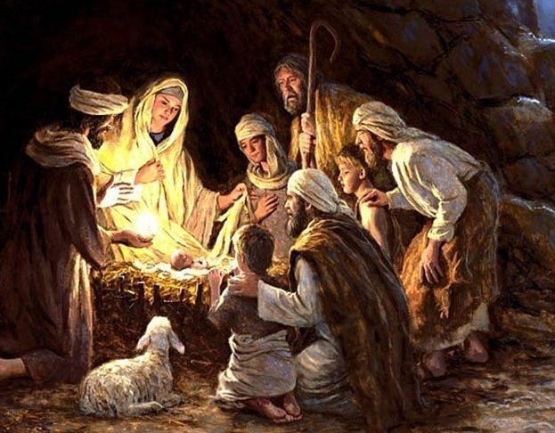 Nativity scene with shepherds gathered around the manger with the newborn Jesus