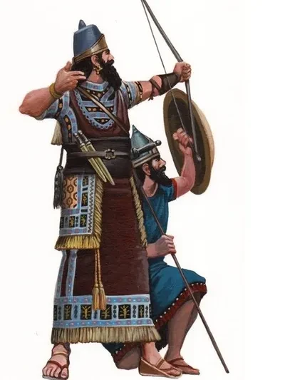 Historical illustration of two Assyrian warriors in ornate period dress — an archer in richly decorated robes and a shield-bearer, depicting soldiers of the Neo-Assyrian empire