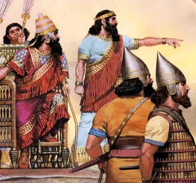 Historical illustration of ancient Assyrian figures in period costume — a king on his throne with commanders and soldiers, evoking the court of Sennacherib during Hezekiah's rebellion