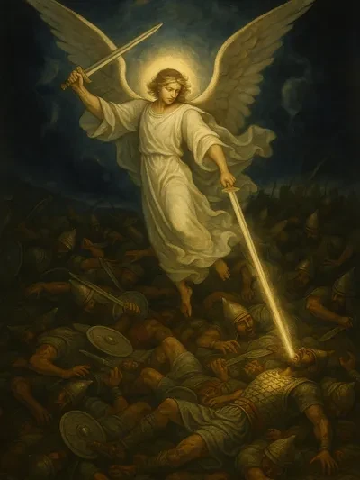 Classical painting of an angel with a sword standing over fallen Assyrian soldiers — depicting the destruction of Sennacherib's army as described in 2 Kings 19:35