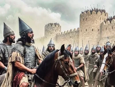 Historical illustration of Assyrian soldiers and a cavalry officer on horseback assembled before a fortified city wall — evoking the Rabshakeh's speech at the walls of Jerusalem