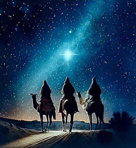 Three travelers on camels beneath a bright guiding star in a starry night sky