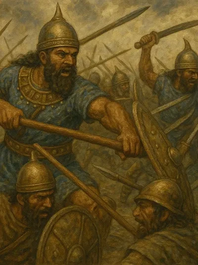 Historical oil painting illustration of ancient warriors in fierce battle — a bearded soldier in ornate golden armor wields a spear amid clashing shields and spearmen