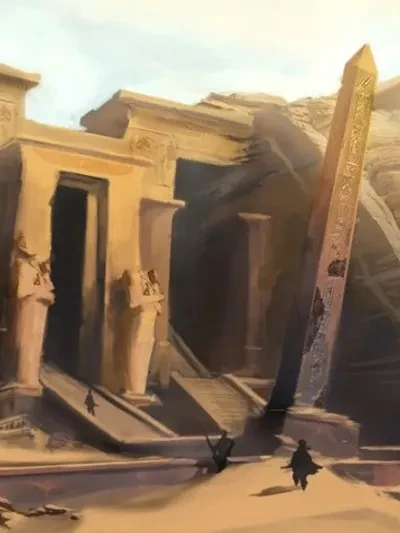 Dramatic illustration of ancient Egyptian temple ruins in the desert — two figures stand before towering columns and a golden obelisk bathed in hazy light